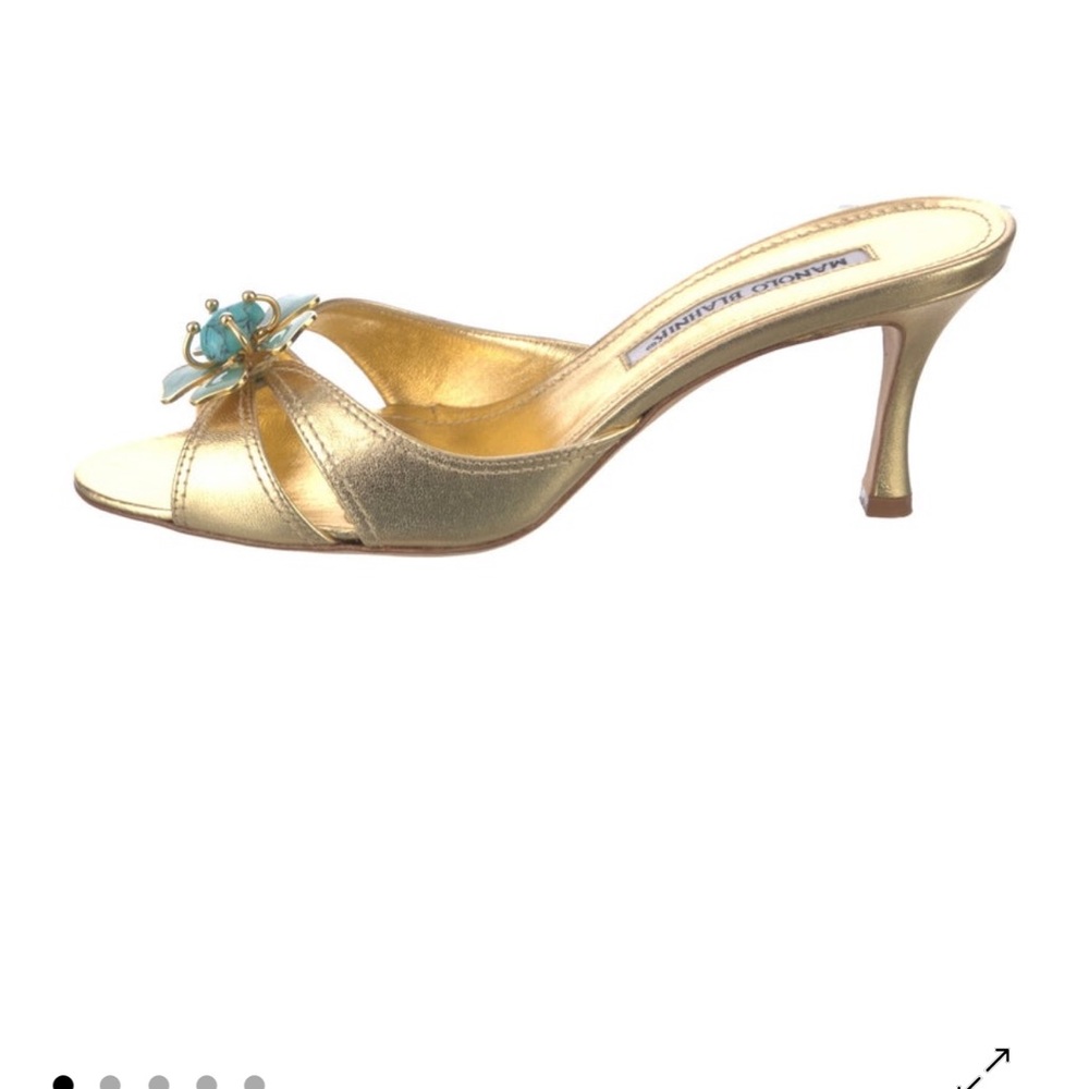 manolo blahnik  Gold Heels with Blue Floral Detail